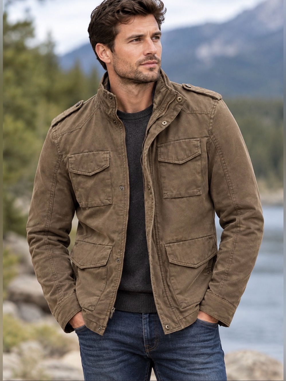Sz M Wenven Men's Lightweight Military Style Jacket Twill Cotton Coat